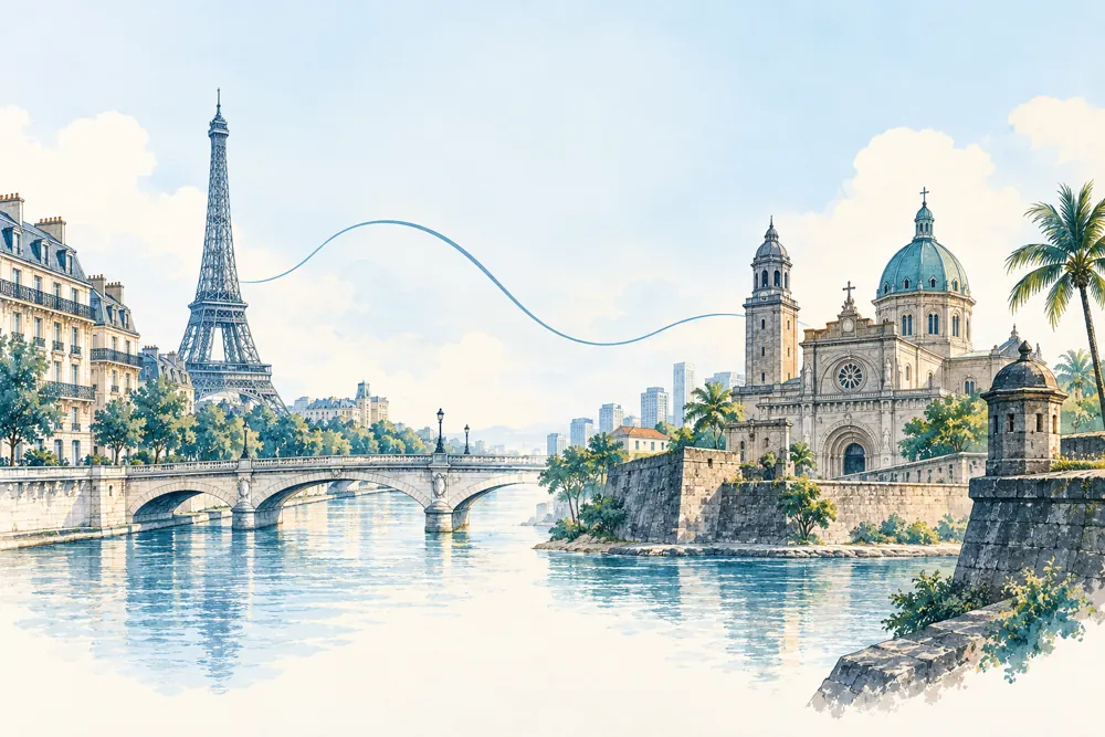 Ilustracija povezivanja Filipina i Francuske za jezičnu kombinaciju